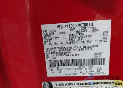 2010 Ford F150 Supercrew z USA, uszkodzony, nr VIN 1FTFW1EV5AFC07582